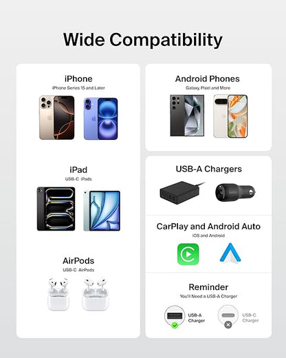 Belkin USB A to USB C Cable 2-Pack, 6.6ft, 15W - Type C Charger, iPhone Charger Cord, Soft, Braided, Flexible for iPhone 17 & 16, Galaxy S25, Pixel 10, iPad Pro, Airpods Pro, Switch & More - White