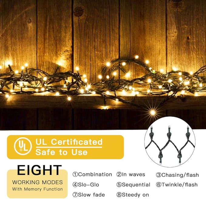 LetsFunny 300 LED Christmas String Lights with 8 Lighting Modes, 108FT - UL Certified Outdoor & Indoor Fairy Lights for Tree, Patio, Garden, Party, Wedding, Halloween, Holiday Christmas Decorations