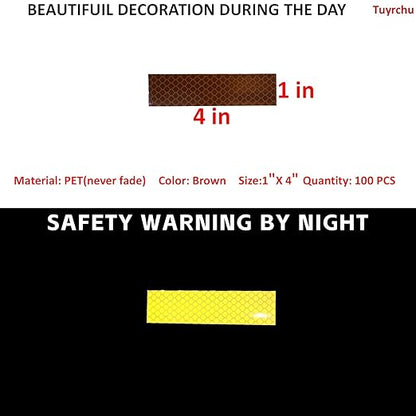 Non Fading Brown Reflective Stickers 1 inch X 4 inch, Outdoor Waterproof High Visibility Warning Safety Adhesive Reflector Tape (100 Pcs)