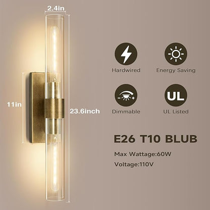 Wall Sconces Set of Two, 22.8" Gold Bathroom Sconces Wall Lighting with Clear Glass, Modern Sconces Wall Decor Brass Light Fixtures for Bathroom Mirror Living Room Hallway Bedroom