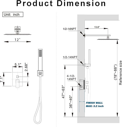 Shower System, Gold Shower Faucet Set with 12-Inch Rain Showerhead and Handheld Spray, Wall Mounted High-Pressure Showerhead Combo Set Included Valve and Trim, Brushed Gold