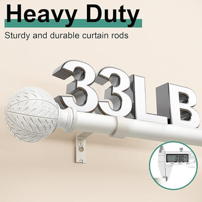 2 Pack Antique White Ball Curtain Rods for Windows 28 to 48 Inch,1 Inch Heavy Duty Adjustable Curtain Rod,Boho Decorative Drapery Rods Set with Brackets,Size:18''-60''