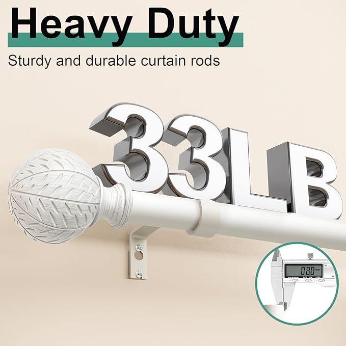 Antique White Ball Curtain Rods for Windows 28 to 48 Inch,1 Inch Heavy Duty Adjustable Curtain Rod,Boho Decorative Drapery Rods Set with Brackets,Size:18''-60''