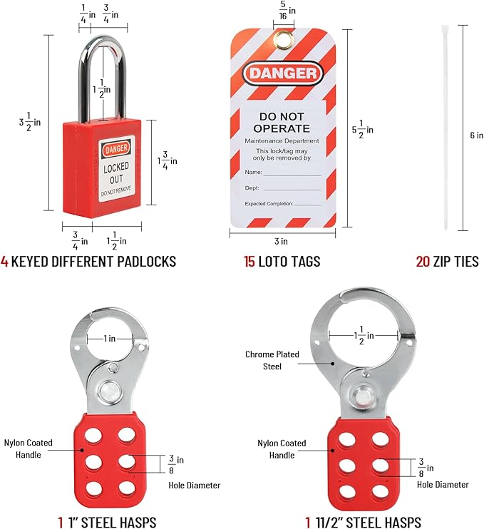 Lockout Tagout Kit Electrical Loto 33Pcs - Safety Padlocks Clamp-On Circuit Breaker Lockout, Group Lockout Hasps, Lockout Tag, Universal Multi- Pole Breaker and Red Carrying Bag