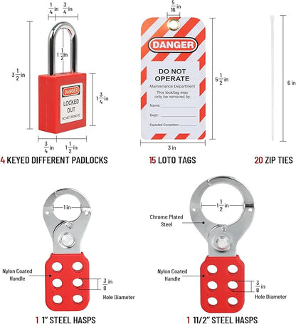 Lockout Tagout Kit Electrical Loto 33Pcs - Safety Padlocks Clamp-On Circuit Breaker Lockout, Group Lockout Hasps, Lockout Tag, Universal Multi- Pole Breaker and Red Carrying Bag