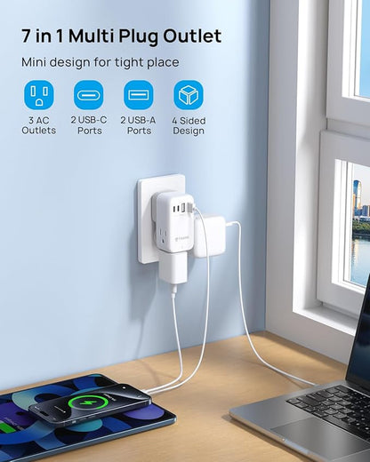 TROND Outlet Splitter with 360 Rotating Plug, 3 AC Plug Extender with 2 USB-C & 2 USB-A Ports, Additional Outlets off to Side, Useful Adapter with Rotating Design for Home Travel Cruise Essentials