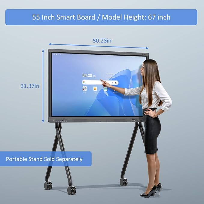 Shiarffe X5 Pro 4K 55 Inch Smart Board with Portable Stand, EDLA-Certified Digital Whiteboard, Touchscreen Interactive Display for Classroom Office Hybrid Work Home, Android OS
