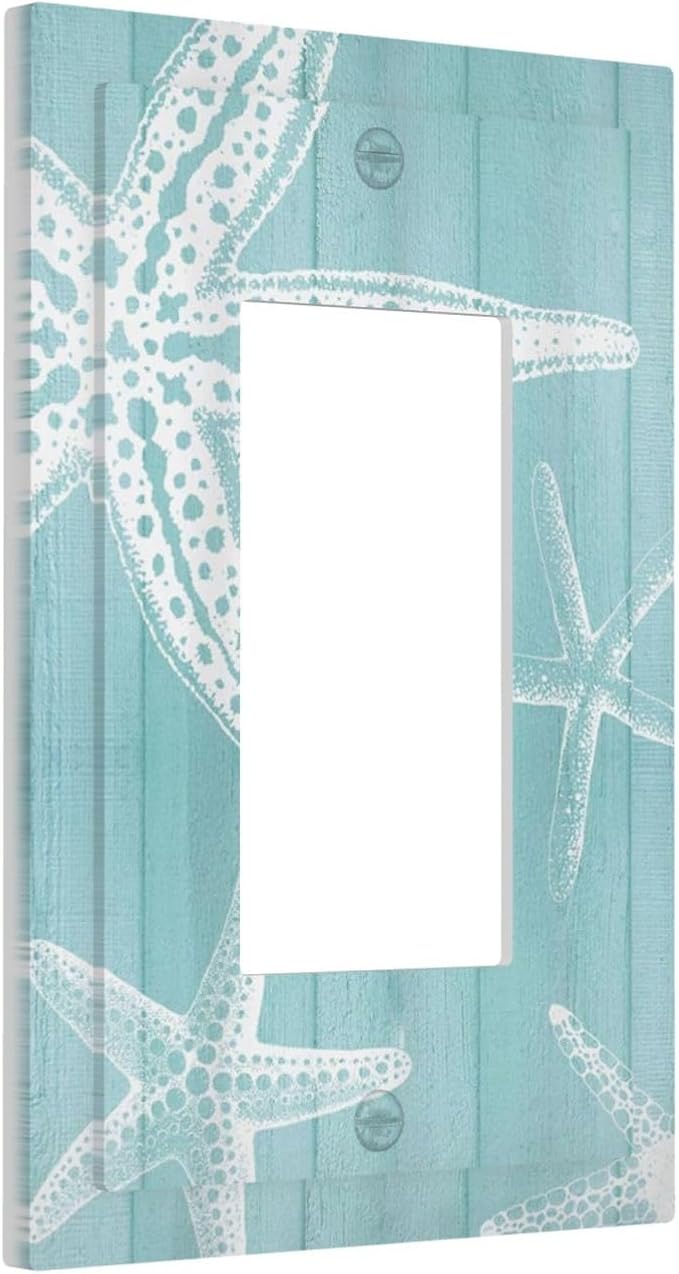 Decorative Outlet Covers Starfish Teal Wood Board Nautical 1 Gang Rocker Light Switch Cover Plate Single Wall Plates for Electrical Outlets Switch Plate Covers Faceplate for Bedroom Home Decor