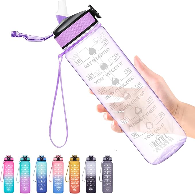 Hyeta 32 oz Water Bottles with Times to Drink and Straw, Motivational Water Bottle with Time Marker, Leakproof, Drinking Sports Water Bottle for Fitness, Gym and Outdoor