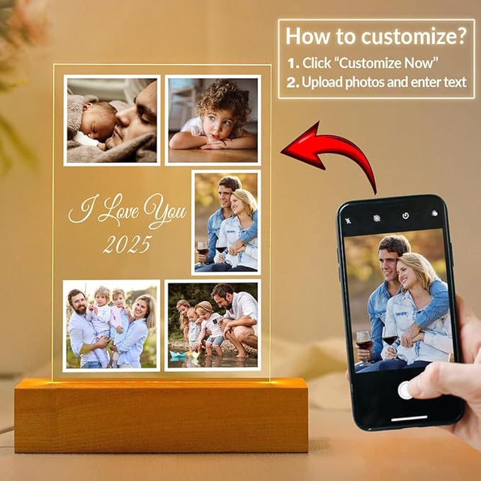 Custom Picture Frame with Photo, Customized Picture Frames with Night Light, Personalized Photo Frames, Personalized Valentines Day Gifts for Women Men Her Him Kid Baby Family Friend