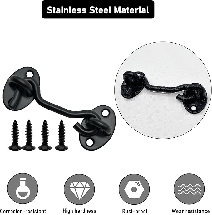 2-Pack 8Inch Door Lock Gate Latch Premium Stainless Steel Hook and Eye Gate Latch Cabin Hook with 16pcs Screws, Black