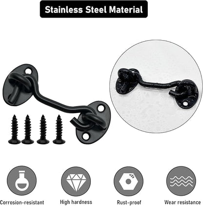 4-Pack 6Inch Door Lock Gate Latch Premium Stainless Steel Hook and Eye Gate Latch Cabin Hook with 16pcs Screws, Black