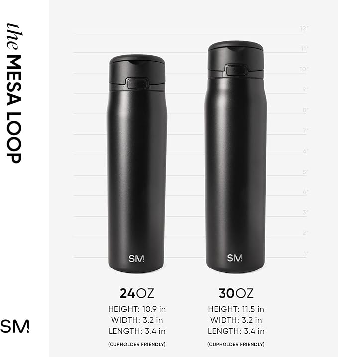 Simple Modern Mesa Loop Water Bottle with Covered Straw and Handle | 30oz Cup Holder Friendly Insulated Stainless Steel Bottles for Travel, Sports and School | Midnight Black