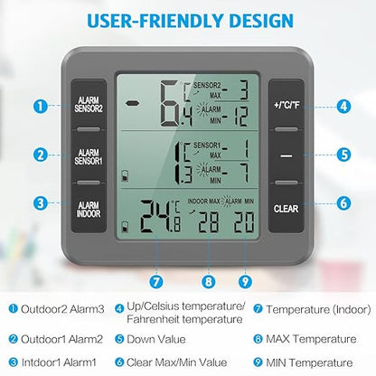 AMIR Upgraded Refrigerator Thermometer, Wireless Indoor Outdoor Thermometer, Sensor Temperature Monitor with Audible Alarm Temperature Gauge for Freezer Kitchen Home (Battery not Included, Grey)