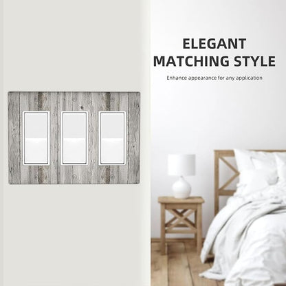 Light Switch Covers Farmhouse Rustic Grey Barn Door Wood 3 Gang Rocker Electrical GFCI Decorative Triple Outlet Wall Plate Cover Switchplate for Bedroom Cabin Decor