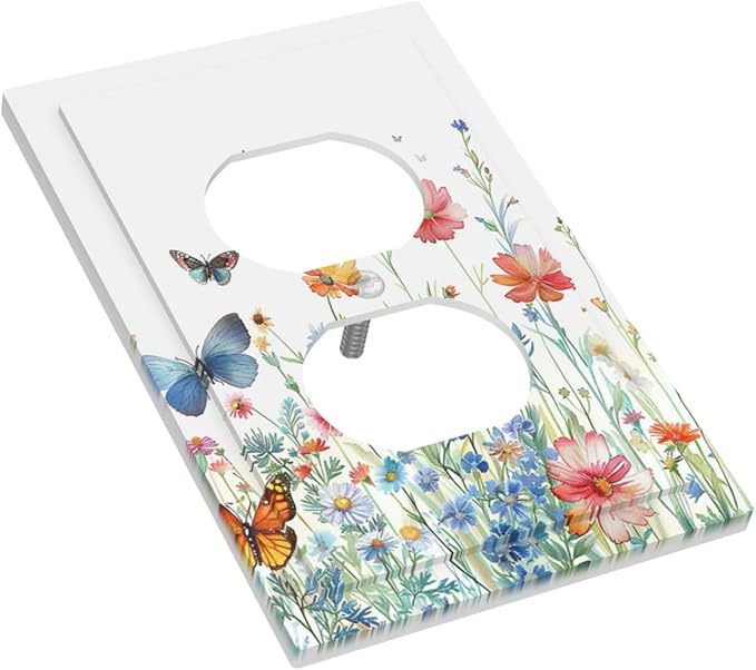 Decorative Outlet Covers Rustic Wildflower Blue Pink Floral Butterfly 1 Gang Duplex Light Switch Cover Plate Unique Wall Plates for Electrical Outlets Switch Plate Covers for Bedroom Decor