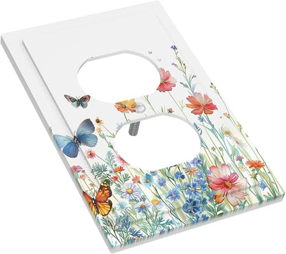 Decorative Outlet Covers Rustic Wildflower Blue Pink Floral Butterfly 1 Gang Duplex Light Switch Cover Plate Unique Wall Plates for Electrical Outlets Switch Plate Covers for Bedroom Decor