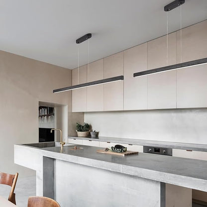 Black Wood Linear Pendant Light – Dimmable LED Chandelier with Remote, Modern Minimalist Lighting for Kitchen Islands, Dining Rooms & Pool Tables (Energy-Efficient 19W)