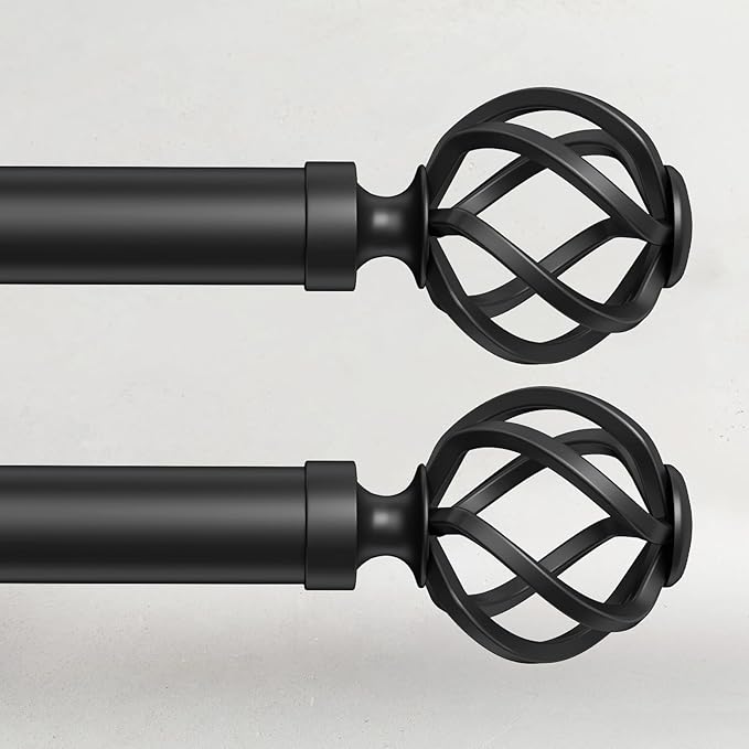 2 Pack Curtain Rods for Windows 66 to 120, 1 Inch Adjustable Decorative Long Black Curtain Rod with Twisted Cage End, Modern Heavy Duty Indoor Outdoor Drapery Rods for Patio, Size 32"-120"