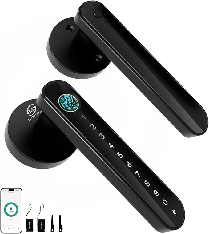 Smart Electronic Fingerprint Door Lock, Keyless Entry with Handle, Codes, APP, IC Cards, Fingerprints, Keys, for Home Bedroom Apartment (Black)