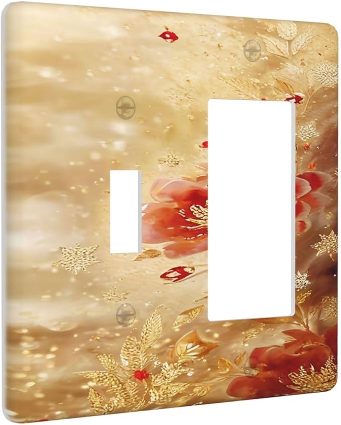 Decorative Outlet Covers Golden Leaf Red Peony Flowers Floral 2 Gang 1 Gang Wall Plate Cover Single Toggle Rocker Combo Light Switch Cover Plate Face Plate