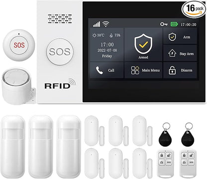 YBJ 16-Piece-Kit Full Touch Screen Wireless Smart Home Alarm System, DIY 4G and WiFi Burglar Alarm System for Home Security with APP Alert, Motion Detector, Door Window Sensor, Remote Control, Siren