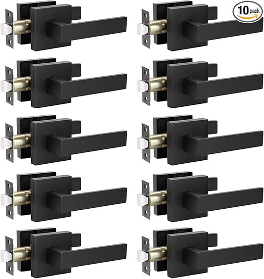 KNOBWELL 10 Pack Premium Matte Black Door Handle Passage Lever Heavy Duty Handleset, Closet Door Handles for Left or Right Handing, Modern Square 2.07 lb Doorknob