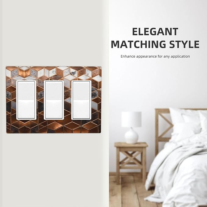 Brown Abstract Luxury Modern Geometric Cubic Marble 3 Gang Triple Rocker Decorative Light Switch Covers Electrical Faceplate Switch Plates for Bathroom Kitchen Home