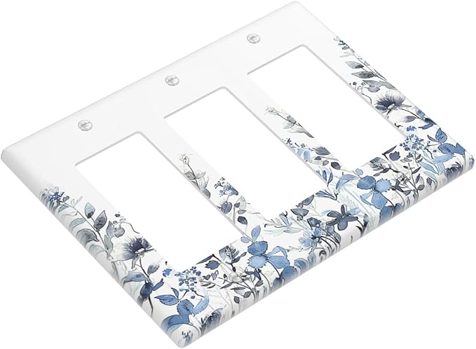 Light Switch Covers Light Blue Watercolor Leaves Plant With Floral 3 Gang Rocker Electrical GFCI Decorative Triple Outlet Wall Plate Cover Switchplate for Bedroom Bathroom Decor
