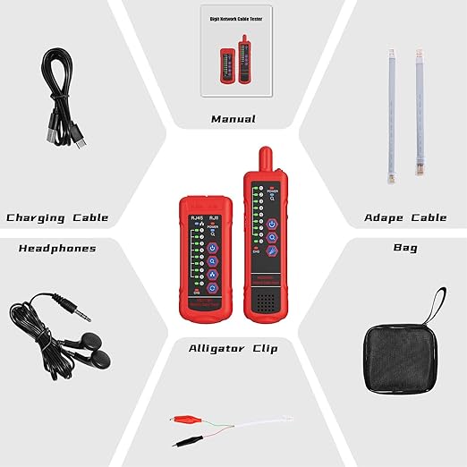 Network Cable Tester, RJ11 RJ45 CAT5 CAT6 Ethernet LAN Wire Tracer with Headphone Jack and Signal Strength Indicator, for Noisy Environments