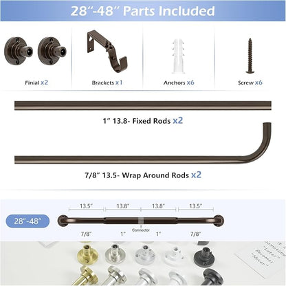 Bronze Wrap Around Curtain Rods 28 to 48 Inch:Blackout Heavy duty Adjustable Window Curtain Rod for Bedroom,Industrial Darkening Curved French Metal Single Drapery Rods Set Easy Install,Brown