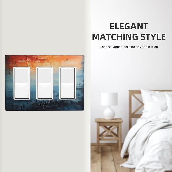 Blue Orange Abstract Modern Minimalist Oil Painting Triple Rocker Light Switch Covers 3 Gang Outlet Cover Wall Plates Decorative Switch Plates Electrical GFCI Faceplate Switchplate 4.49 X 6.38 IN