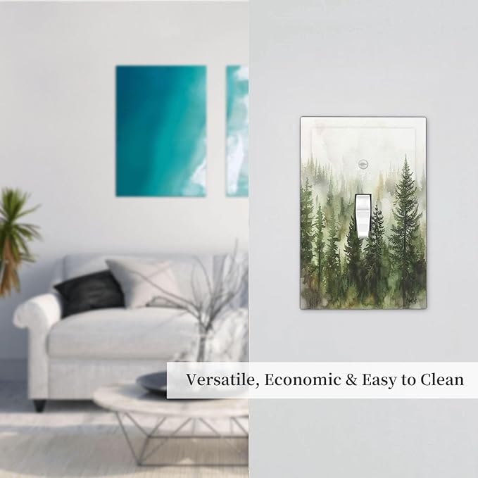 Decorative Light Switch Cover Green Forest Watercolor Painting Foggy Pine 1 Gang Single Toggle Device Electrical Faceplate Switchplates Decorator Outlet Wall Plate for Bedroom living Room