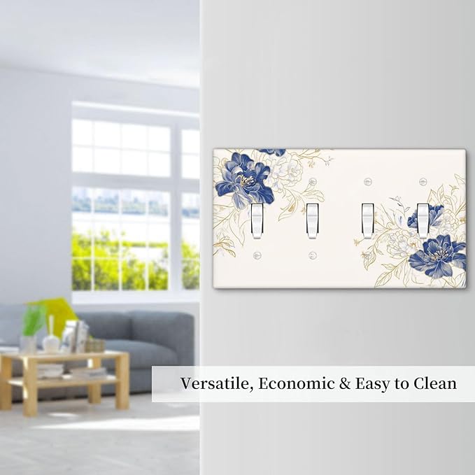Decorative Light Switch Cover Plate Rustic Blue Flower Floral Gold Leaf 4 Gang Wall Plates for Electrical Outlets Quad Toggle Switch Plate Covers Outlet Covers Faceplate for Home Decor