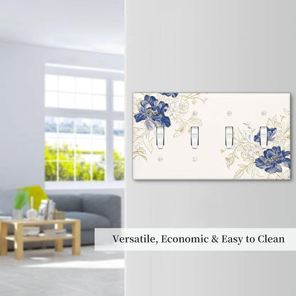 Decorative Light Switch Cover Plate Rustic Blue Flower Floral Gold Leaf 4 Gang Wall Plates for Electrical Outlets Quad Toggle Switch Plate Covers Outlet Covers Faceplate for Home Decor