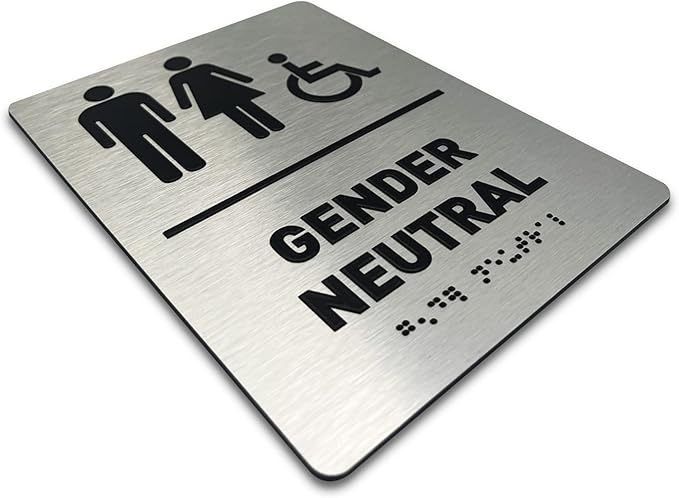 Gender Neutral Restroom Sign by GDS - ADA Compliant, Wheelchair Accessible, Raised Icons, & Grade 2 Braille - Includes Adhesive Strips for Easy Installation - Bathroom Sign, Bathroom Signs for Business, Restroom Signs for Business - 6" W x 8" H (Brushe...