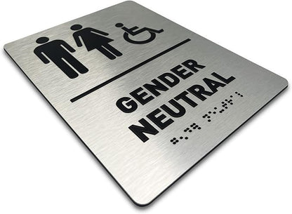 Gender Neutral Restroom Sign by GDS - ADA Compliant, Wheelchair Accessible, Raised Icons, & Grade 2 Braille - Includes Adhesive Strips for Easy Installation - Bathroom Sign, Bathroom Signs for Business, Restroom Signs for Business - 6" W x 8" H (Brushe...