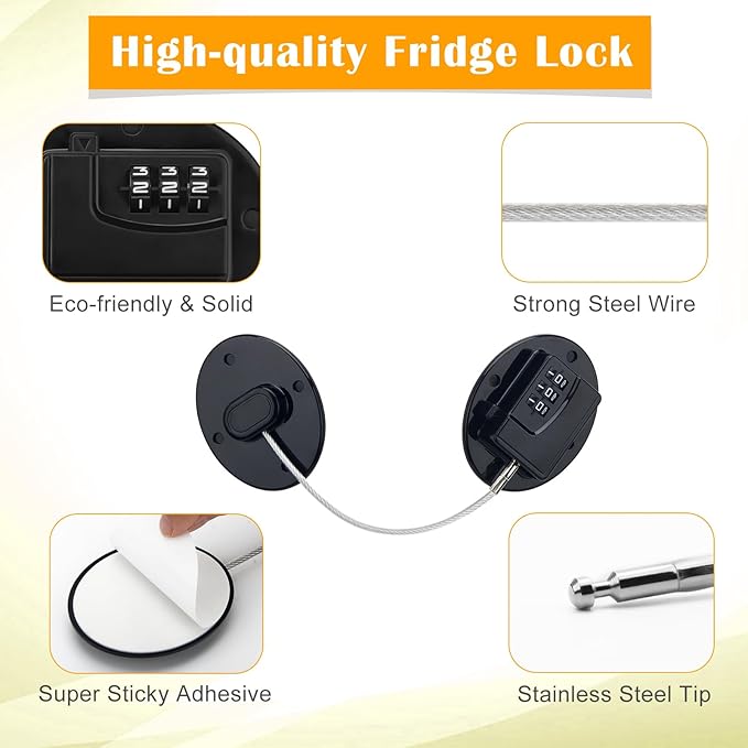 4 Pack Black Digital Refrigerator Locks Combination, Drill-Free Fridge Lock with Password, Strong Heavy-Duty ABS & Stainless Steel, Easy to Operate