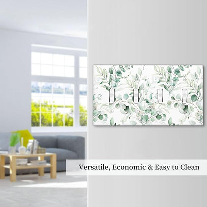 Boho Green Eucalyptus Leaf Floral Plants Flowers Light Switch Covers Quad Toggle Electrical Faceplate 4 Gang Wall Plate Decorative Switch Plates for Bed Room Living Room Decor