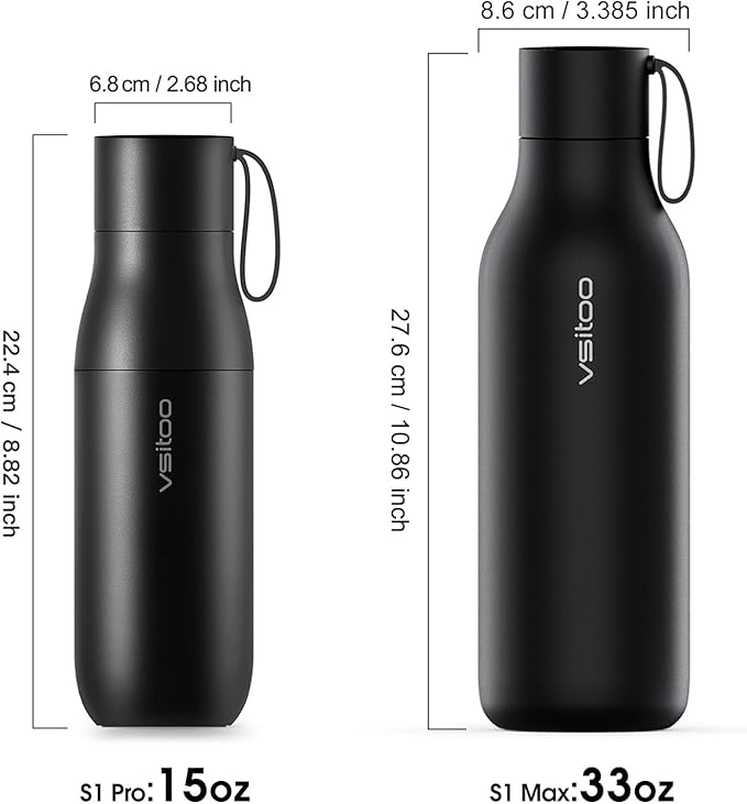 VSITOO 33oz Smart Self Cleaning Water Bottle，Insulated Water Bottle with Stainless Steel, BPA-Free, AI Self-Clean, 30-Day Battery, Magnetic Charging for Travel, Gym or Office, Black