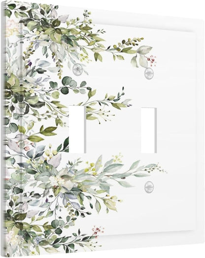Decorative Light Switch Plate Covers Rustic Eucalyptus Leaves Green Leaf 2 Gang Light Switch Cover Unique Double Toggle Wall Plate Outlet Covers for Bedroom Home Decor （2 Pack）