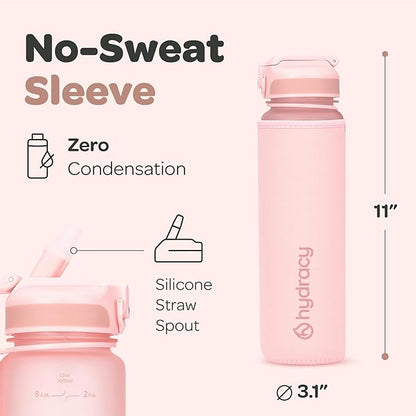 Hydracy Water Bottle with Time Marker -Large BPA Free Water Bottle & No Sweat Sleeve -Leak Proof Gym Bottle with Fruit Infuser Strainer & Times to Drink -Ideal for Fitness Sports & Outdoors