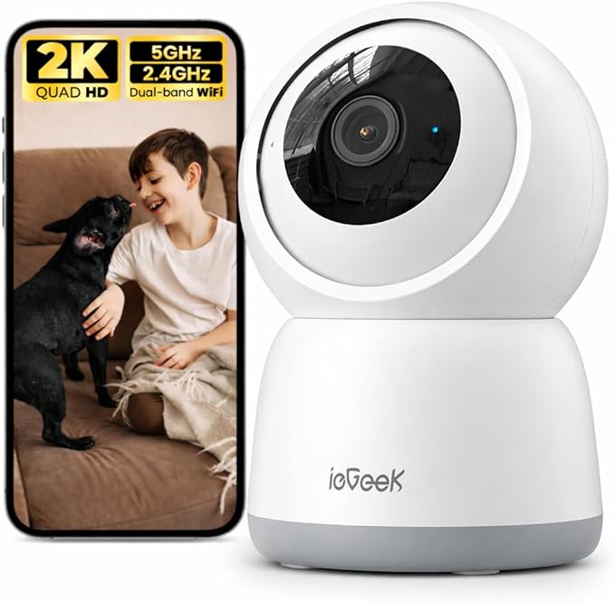 ieGeek 2K Indoor Home Security Cameras，360° Pet Camera with Auto Tracking, Motion & Sound Detection，3MP Night Vision, 2.4G/5G WiFi Dog Camera with Phone App, Cloud & Memory Storage, Works with Alexa