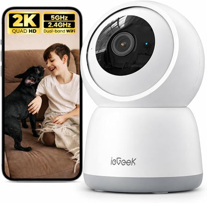 ieGeek 2K Indoor Home Security Cameras，360° Pet Camera with Auto Tracking, Motion & Sound Detection，3MP Night Vision, 2.4G/5G WiFi Dog Camera with Phone App, Cloud & Memory Storage, Works with Alexa