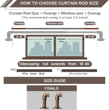 Industrial Curtain Rods 18 to 45 in,Blackout Curtain Rod,Adjustable Length,1 in Diameter Pipe,Wall or Ceiling Mounted,for Bedroom and Living Room (Coffee Gold 18” to 45”)