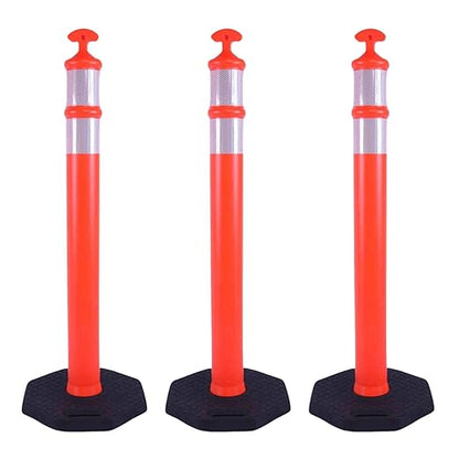 Reflective Rubber Base Traffic Delineator Post - Heavy-Duty Safety Bollards for Parking Lot Markers, Road Construction, Driveway Warning - with Reflective Strips (3 Pack - 45 Inch)