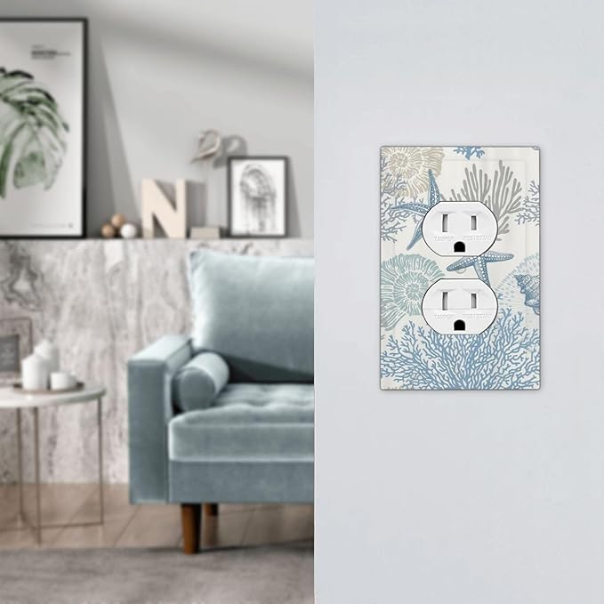Decorative Outlet Covers Blue Starfish Coral Seaweed 1 Gang Duplex Light Switch Cover Plate Unique Wall Plate Electrical Switch Plate Covers for Bathroom Bedroom Decor（2 Pack）