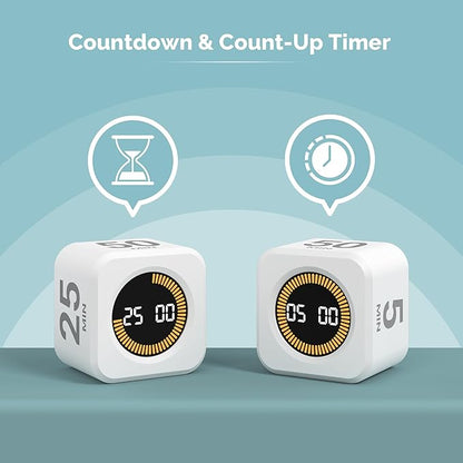 KADAMS Pomodoro Cube Timer Productivity Visual Timer 5/10/25/50 Min Customize Timer, Rotating Countdown Countup, Mute - for Work Study Cook Workout Kitchen Classroom for Kid (White)
