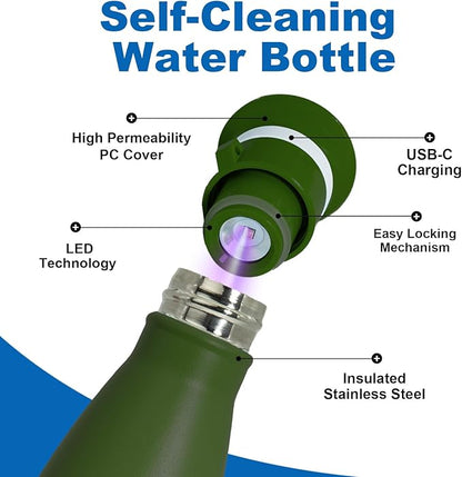 27 oz Smart Self Cleaning Water Large Bottle Ivory 304 Stainless Steel Insulated Light Purifying Bottle LED + Activated-Carbon Filter USB-C Rechargeable BPA-Free for Outdoor & Sports