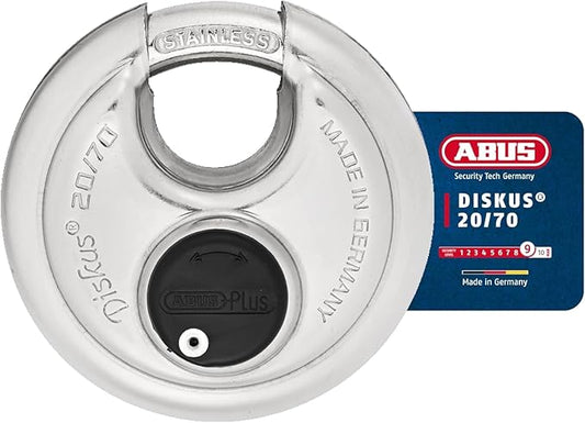 ABUS - Diskus 20/70 Padlock with Key (2.75") 70mm - Heavy Duty Stainless Steel - Cut, Rust & Drill Resistant - Storage & Outdoor - Pad Lock with 2 Keys (Keyed Different) - Locker Lock - Home Security
